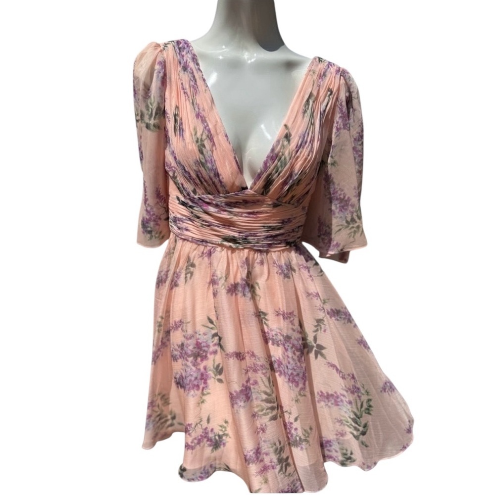 Mac Duggal leena Pink Floral Flutter Sleeve Deep V Mini Dress Spring/Summer Sz6